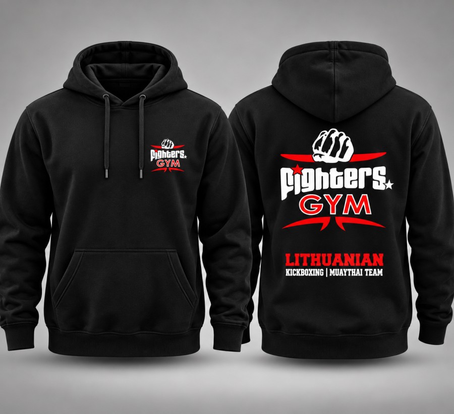 Fighters Gym džemperis su gobtuvu – juodas | Kikbokso ir Muay Thai komanda
